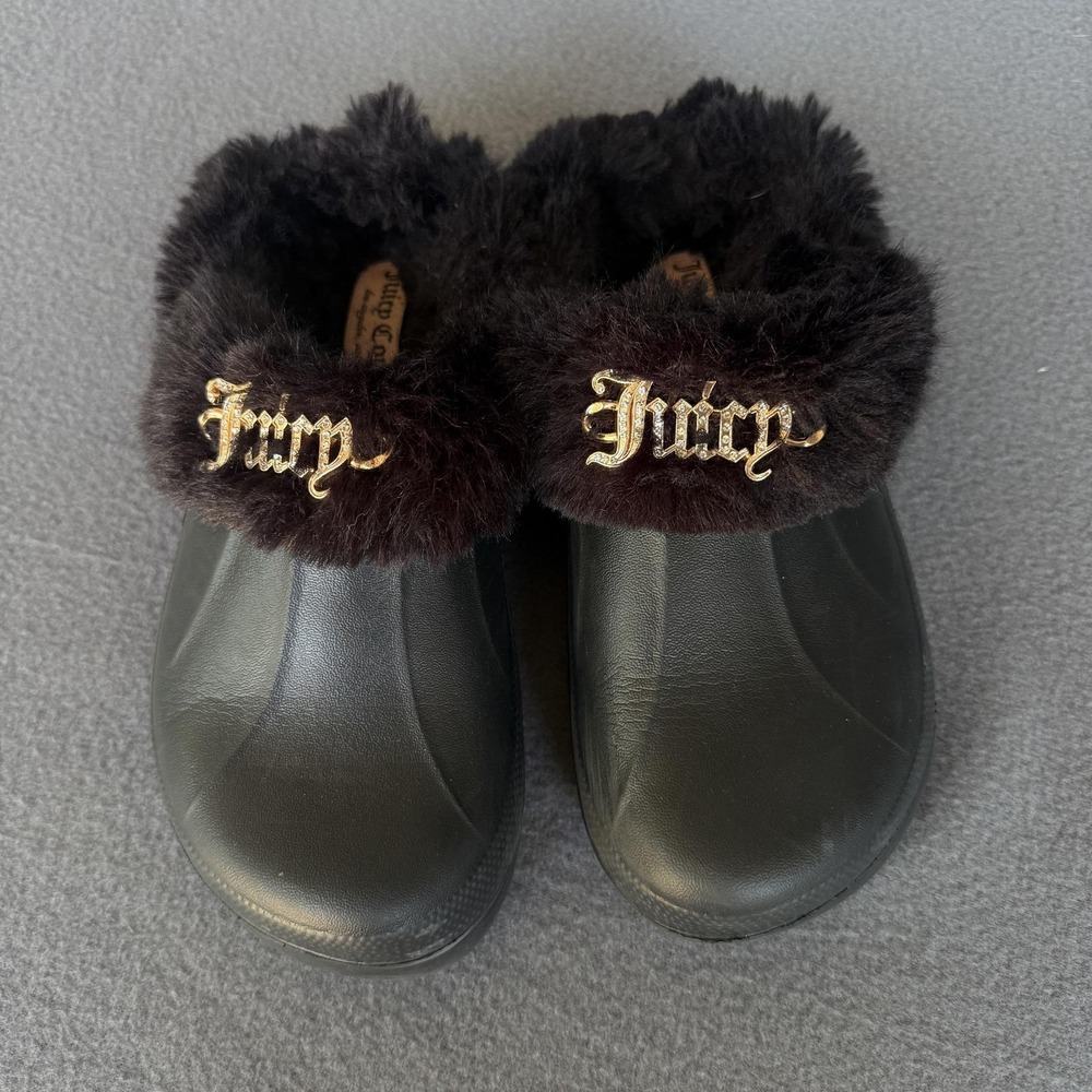 Juicy Couture Slippers Womens Size 8 Black Faux Fur Lined Clogs Rhinestone